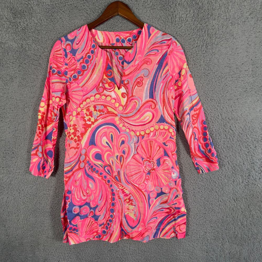 Lilly Pulitzer Marco Island Linen Tunic Cover Up Reef Retreat Hot Pink XS